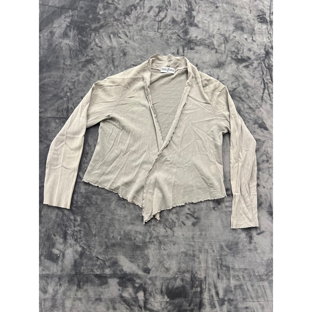 Erin Paige Cardigan Shrug Womens Medium Taupe Grey Asymmetrical Lettuce Edge USA